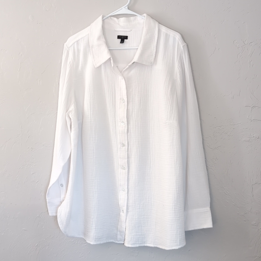Talbots White 100% Cotton Gauze Long Sleeved Button Up Top Women's Size 1X - Picture 2 of 11